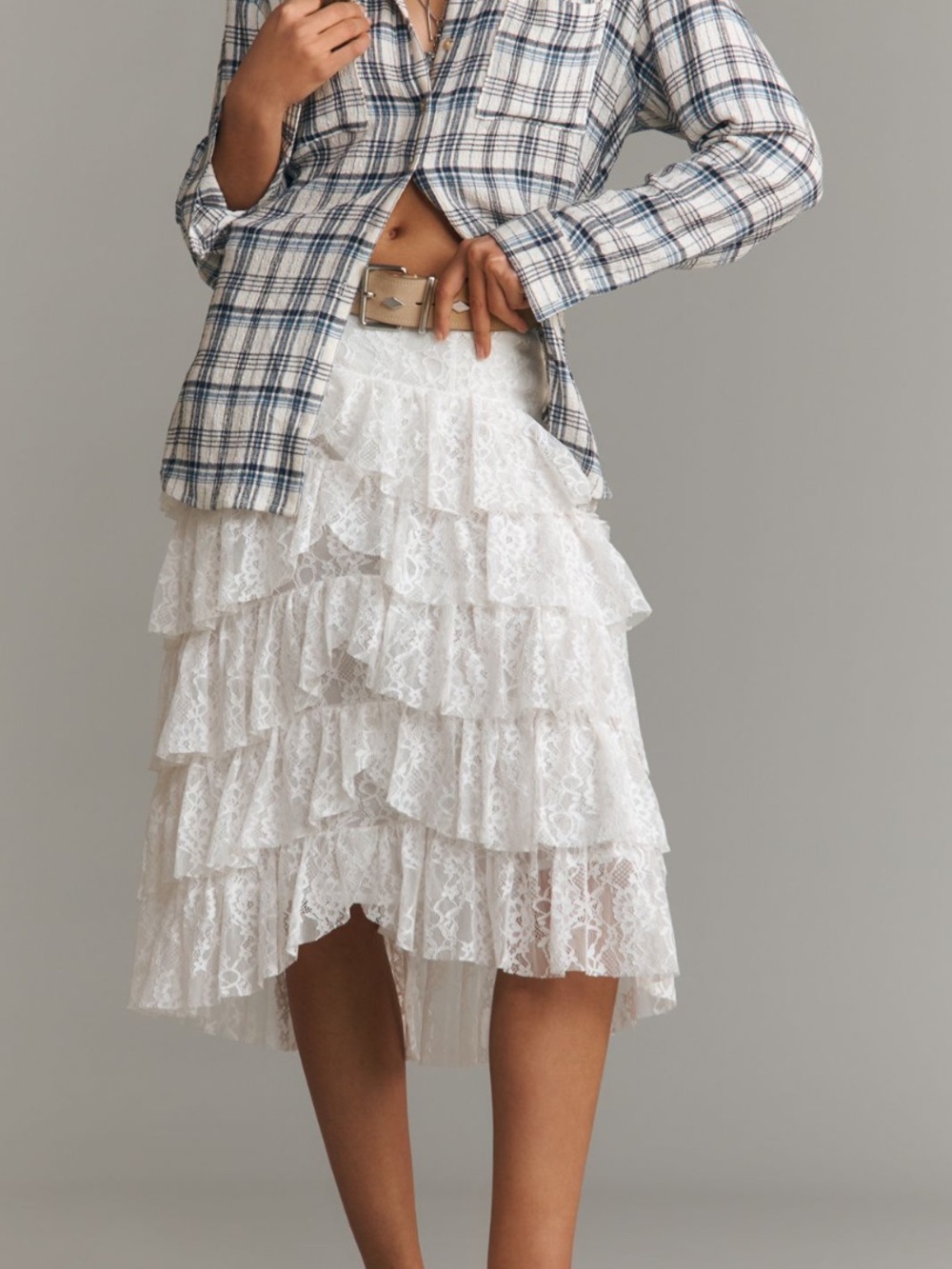 Anthropologie Tiered Lace Midi Skirt Ruffled Ruched New XXS Ivory White